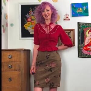 Vintage Tweed Rose Print Skirt, y2k Ann Taylor Loft Pencil Skirt, Sz XS